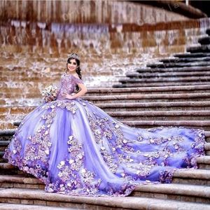 Lila lavendel Off schouderkralen Quinceanera jurken baljurk zoet 16 jaar prinses jurken gedurende 15 jaar Vestidos de 15 a os anos 253p
