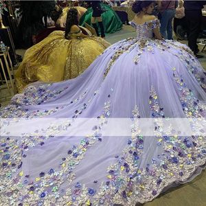 Lila lavendel Off Schouder Quinceanera jurken 3D Appliques kralen veter korset jurk Long Girl prom feestjurken gewaad