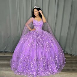 Lila lavendel prinses Quinceanera-jurken met cape 2023 kralen vlinder 3d boog veter corset vestidos avond prom-jurken
