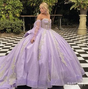 Lila lavendel prinses Quinceanera-jurken met lange mouw Gillter Crystal Corset Lace-Up Vestidos de 15 Anos Prom Sweet 16
