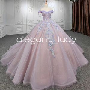 Lilas lavande princesse scintillant Quinceanera robes épaules dénudées 3D Floral luxe chapelle Train vestido quinceanera adolescente