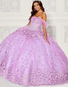 Lilas Lavande Princesse Tulle Quinceanera Robes avec Plume Hors Épaule 3D Floral Gillter Corset Prom robes de 15 ans