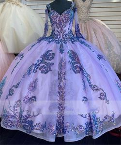 Robe De Quinceanera lilas lavande 2021 sur l'épaule Appliques paillettes nœud princesse douce 16 robe De bal Vestidos De 15 A￱os