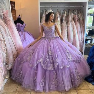 Lila lavendel Quinceanera Dresses Lace-Up Corset Prom Princess Sweet 16 Jurk Bow Lipined Graduation Vestido de 15 anos