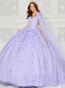 Lila Lavendel Tule Bloemen Prinses Quinceanera Jurken met Cape Schouderafhangend Vlinder Corset Prom vestido 15 anos preto