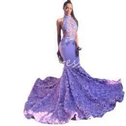 Lila Mermaid Prom Dresses 2024 Beautiful Mermaid Black Girls Formal Dress 3d Rose Flowers African Women Evening Jurken Luxe Vijftien verjaardag Vrouwelijke gewaad de Soiree