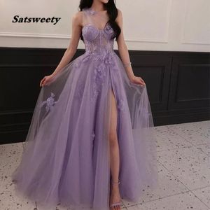 Lilac One Shoulder Celebrity Prom -jurken Split Long 2024 Flower Graduation School 3D Flower Tule avond feestjurk