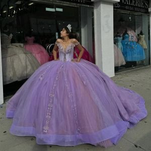 Perles lilas de perles en cristal robe quinceanera robes sur les applications épaules dentelle sweet 16 vestidos de 15 anos