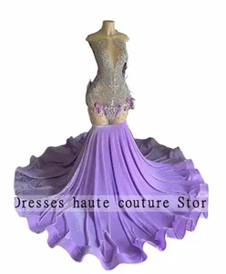 Lilac Purple LG Memraid Prom Dr voor zwarte meisjes 2024 Sier Diamd Crystal Feather Birthday Jurets Evening Dres L5WI#
