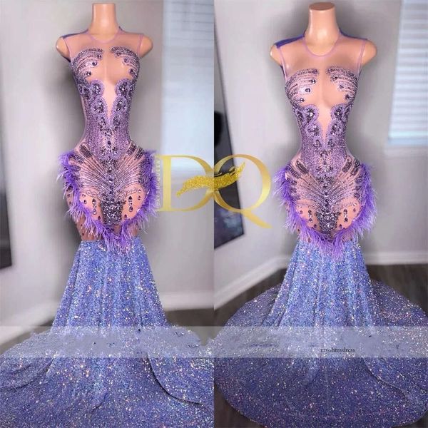Lilac Purple Long Memraid Prom For Black Girls 2024 Diamond Crystal Feather Robes de soirée Robes de fête d'anniversaire 0431