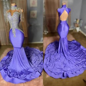 Lila Paars Mermaid Afrikaanse Prom Jurk Voor Vrouwen 2024 Sier Diamond Crystal Backless Avond Celebrity Gown Robes De Soiree