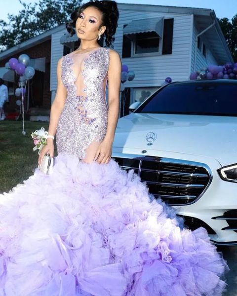 Vestidos de desfile de graduación de sirena púrpura lila, vestido de noche largo de malla transparente de cristal brillante para niña negra, vestidos de gala 2024