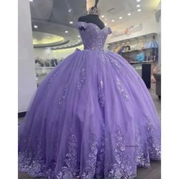 Lilac paars van de schouder Quinceanera kleding appliques verjaardagsfeestjes jurken kralen baljurk prom jurken vestido de 15 anos 0509