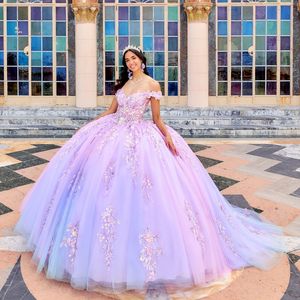 Lilas quinceanera applique perles de dentelle tull chérie hors des robes de soirée épaule robe de balle de fête gonflée