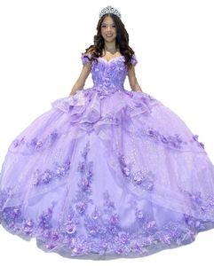 Lila Quinceanera-jurk 2024 Glitter Sprankel Off-Shoulder Kweepeer Baljurk Korset Sweet 16 Verjaardagsfeestje Gala Gala Vestidos De 15 Anos Charro Mexicaanse 3D Bloemen Blauw