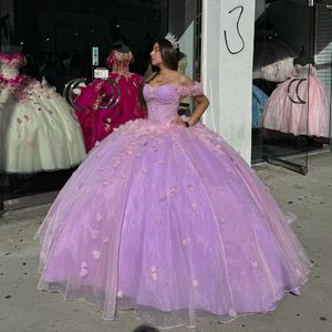 Lilas Quinceanera robe robe De bal hors De l'épaule 3D fleurs perles cristal tulle Corset doux 15 robes De XV Anos
