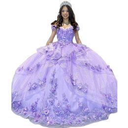 Vestidos de quinceañera lila Apliques de flores en 3D Vestidos de XV anos Ruffes Tiere Glitter Sweet 15 Vestidos de baile