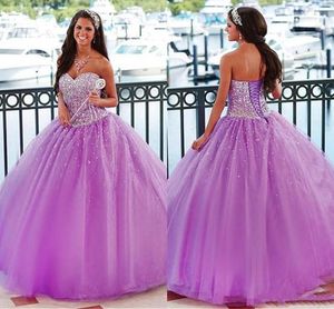 Lila Quinceanera Jurken Kralen Sweetheart Hals Vloerlengte Tule Korset Terug Aangepaste Prinses Zoete Prom Baljurk Vestido