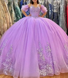 Lila Quinceanera Jurken Kant Applique Kralen Korset Terug Spaghettibandjes met Mouwen Op maat gemaakte Zoete Prinses Feestbal Jurk Vestidos