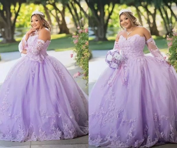 Lilas Quinceanera Robes Hors De L'épaule Tulle Corset Dos Dentelle Applique Perlée Amovible Manches Longues Sur Mesure Princesse Sweet 16 Pageant Robe De Bal Vestidos