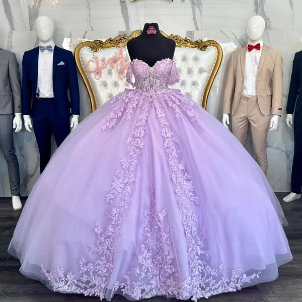 Vestidos de quinceañera lila con lazo de princesa sin hombros 2024 vestido de encaje con apliques de 15 anos quinceañera azul