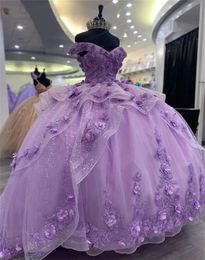 Lilas volants Quinceanera robes robe de bal fleurs 3D hors de l'épaule douce 15 16 robe robes de fête d'anniversaire remise des diplômes 322