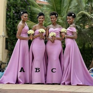 Lila satijn prom avond bruidsmeisje jurken met trein 2020 een schouder strapless geplooide Zuid-Afrikaanse trouwjurk voor gasten plus size