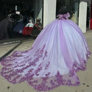 LILAC Appliques à paillettes Robe de boule en dentelle Quinceanera robes sur les vestidos du corset épaule de 15 anos