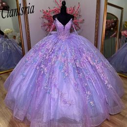 Lilas paillettes Appliques dentelle nœud robe De bal Quinceanera robe Spaghetti sangle 3D fleurs Corset robes De 15 Anos