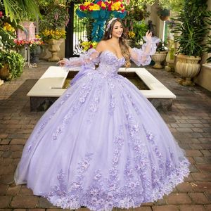 Lilas brillant robe De bal Quinceanera robes manches bouffantes Appliques dentelle perles tulle Corset doux 16 robes De 15 Anos