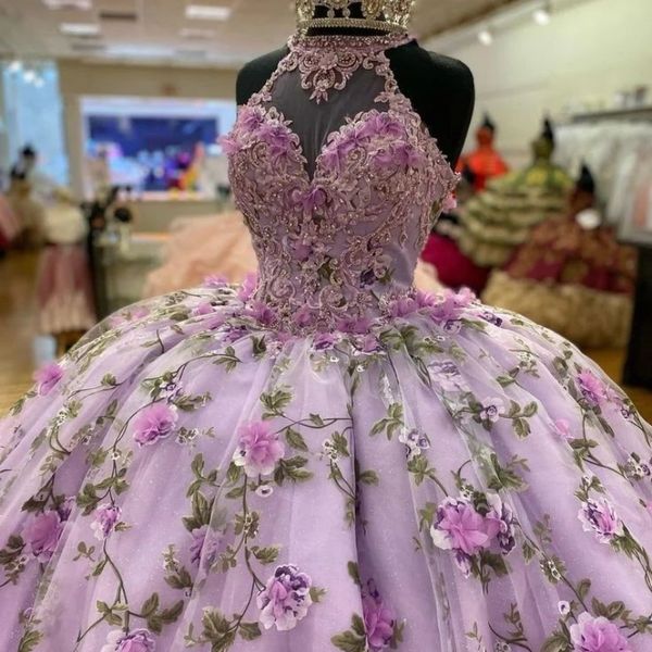 Lilas brillant robe De bal Quinceanera robes Appliques dentelle perles fleur Corset sans manches doux 16 robes De 15 Anos