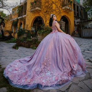 Robe De Quinceanera lilas brillante, épaules dénudées, Corset, robe De bal, dentelle appliquée, perles De fleurs 3d, tulle, doux 16 robes De 15 ans