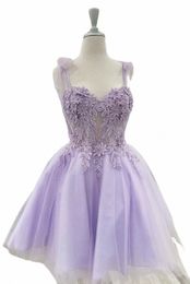 lilas short prom dres sweetheart en dentelle applique perled pailled spaghetti sangle robe de bal mini robes de soirée de fête formelle Q4DD #