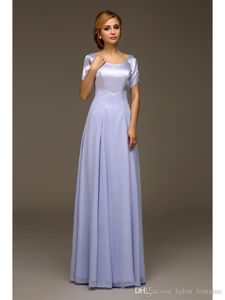 Lila eenvoudige chiffon bescheiden bruidsmeisje jurken met korte mouwen A-lijn vloer lengte moeders formele avondkleding voor bruiloft Party Custom