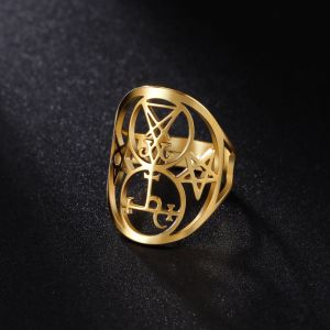 Lilith Pentacle Sigil van Lucifer Kerk Ring 14k Geel Goud Satan Demon Hollow Pentagram Amulet Goth Sieraden