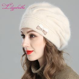 Liliyabaihe Nuevo estilo boina de invierno para mujer de punto de lana boina de angora Decoración de dos colores mariposa doble sombrero cálido Y200103