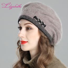 Liliyabaihe nieuwe stijl dames winter baret gebreide wol angora baret European Style decoratie dubbele warme hoed y200102