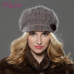 LILIYABAIHE nouveau style femmes hiver bord tricoté laine angora géométrique vison fleur décoration casquette Double chapeau chaud Y200102