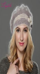 Liliyabaihe Nouveau hébergement winterwomen chapeau tricoté Angora de laine tricot la grille classique de la décoration de fleur de vison casquette double chaude 261c4107418