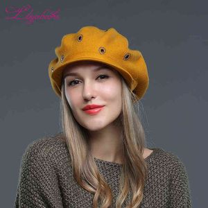 Liliyabaihe Nouveau Femmes Chapeau Tricoté Laine Angora Hiver Bord Chapeau Décoré Avec Casquette Artificielle Pour Fille J220722