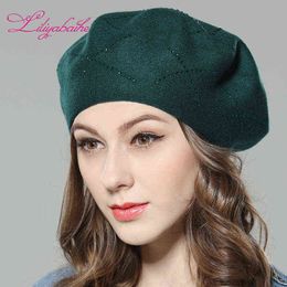 Liliyabaihe nieuwe dames hoed wol gebreide baretten caps met cross diamant decoratie solide kleuren mode dame hoed j220722