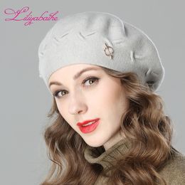 Liliyabaihe Nouvelles femmes chapeau d'hiver bérets en tricot de laine, casquettes dernière décoration populaire couleurs solides mode dame chapeau Y200102