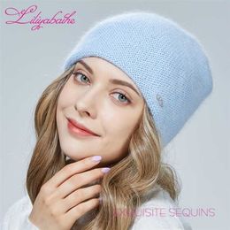 Liliyabaihe Femmes chapeau Tricoté double couche pour la chaleur Laine Angora Décoration diamant avant Pour fille Couture tridimensionnelle 211229