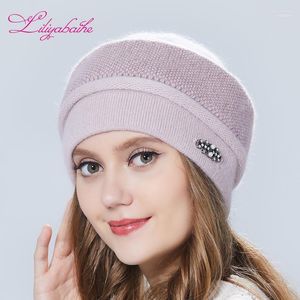 Liliyabaihe Gorro De Mujer Adornos De Lana De Angora De Punto De Invierno Doble Cálido Davi22