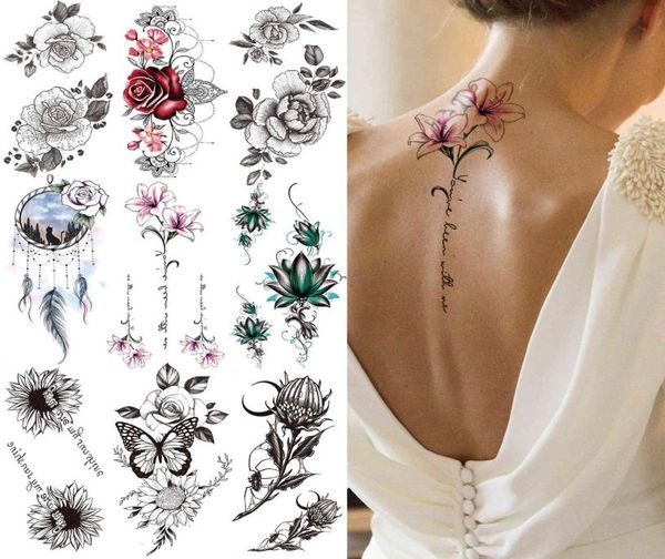 Lily Chains Fleur Tatouages Temporaires Pour Femmes Fille Noir Papillon Dream Catcher Autocollant De Tatouage Faux Rose Sexy Tatoos Dos Corps Y3400377