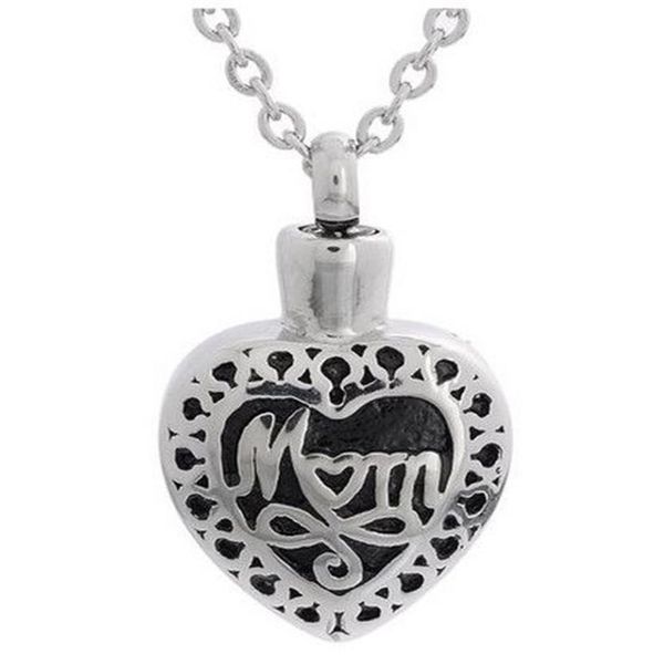 Lily Cremation Jewelry Colgante de acero inoxidable resistente al agua con forma de corazón para mamá, colgante de recuerdo de cenizas conmemorativas con bolsa de regalo 255b