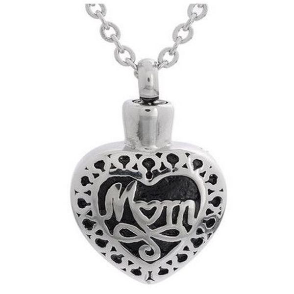 Lily Cremation Jewelry Colgante de acero inoxidable resistente al agua con forma de urna en forma de corazón para mamá, collar con colgante de recuerdo de cenizas conmemorativas con bolsa de regalo 239R