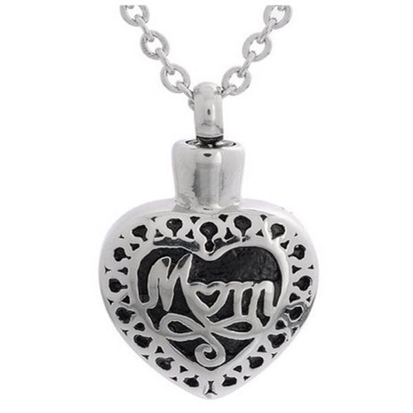 Lily Cremation Jewelry Colgante de acero inoxidable resistente al agua con forma de urna en forma de corazón para mamá, collar con colgante de recuerdo de cenizas conmemorativas con bolsa de regalo 311z