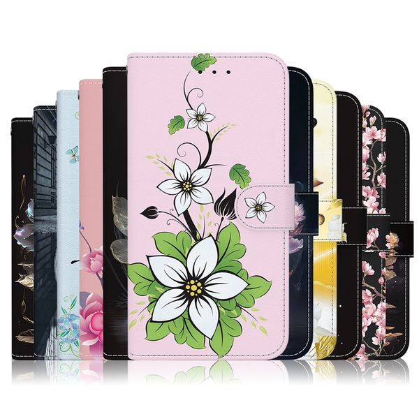 Fundas tipo billetera de cuero PU con flor de lirio para Moto G14 Edge 40 Pro E13 G13 G73 Sony Xperia 1 10 5 V 2023 Estampado de mariposa Sakura Blossom Peony ID Ranura para tarjeta Funda con tapa