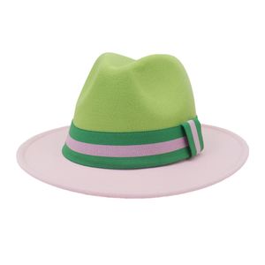 Verde lima y rosa Patchwork Party Festival Faux Wool Felt Flat Brim Jazz Fedora Hat para Mujeres Hombres Summer Winter Casual Dress